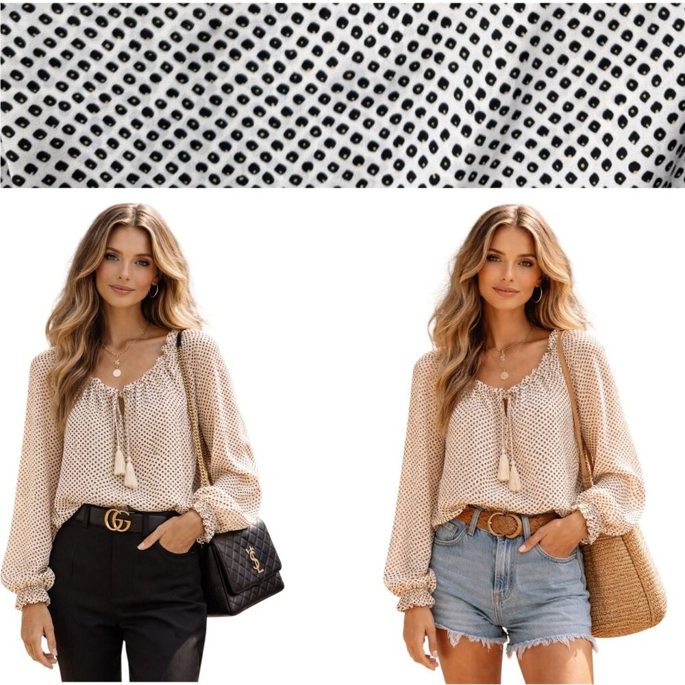 Max Studio Boho Chic Peasant Blouse Tie Ruffle Neck Polka Dot Cream Size M NEW